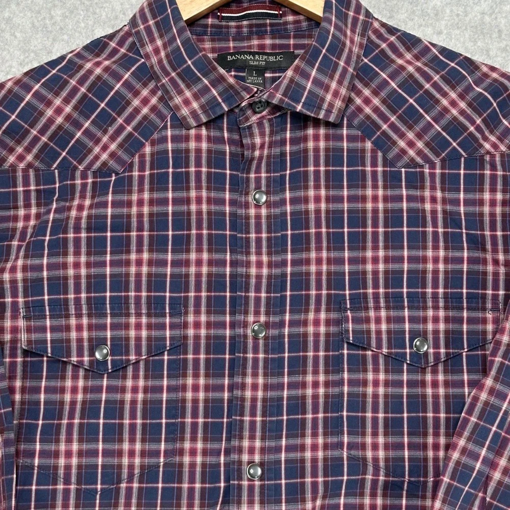 Banana Republic Mens Slim Fit Western Plaid Snap Front Shirt Navy Burgundy Large